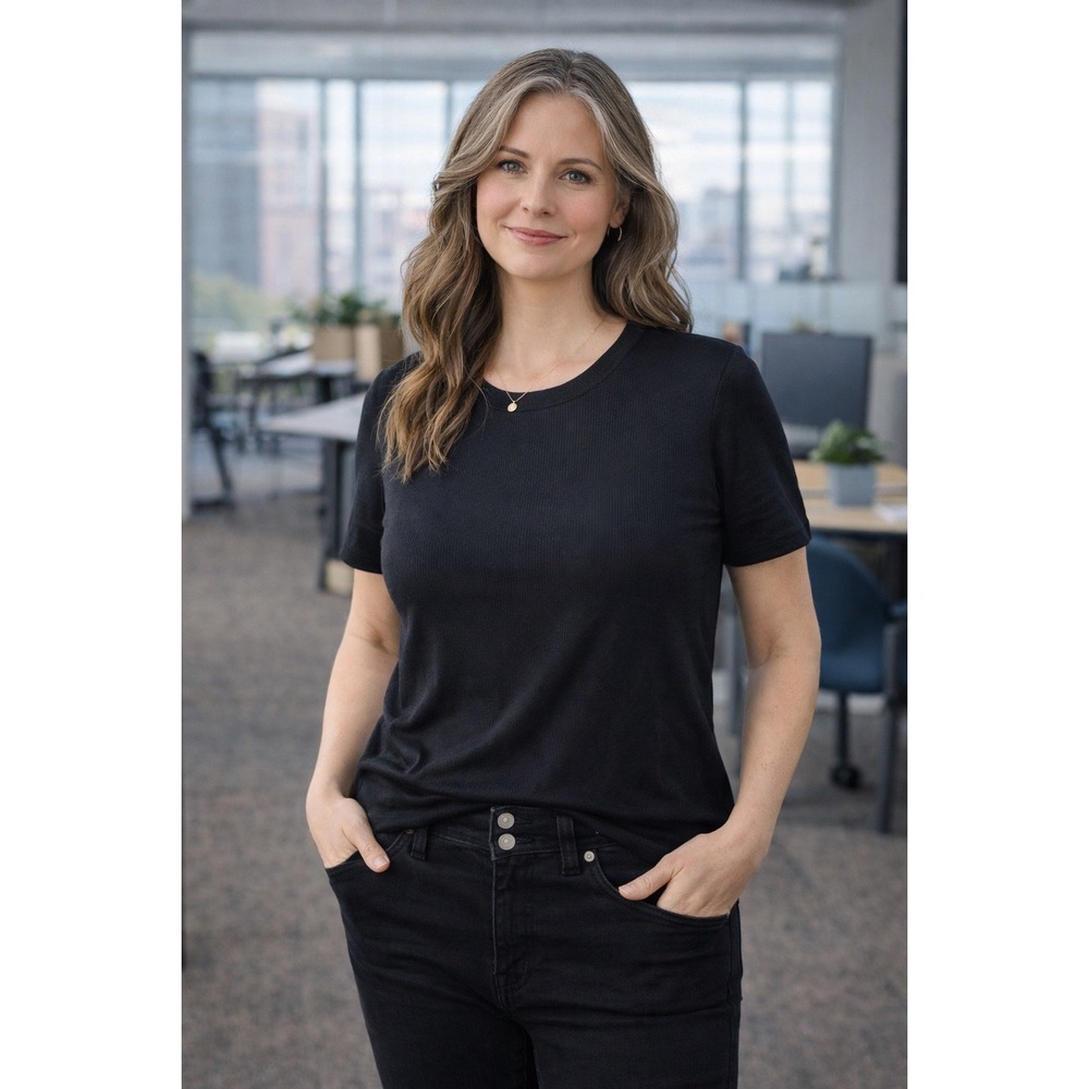 Belldini Women's‎ Black Ribbed Short Sleeve Crewneck Modal Blend Tee Shirt Large